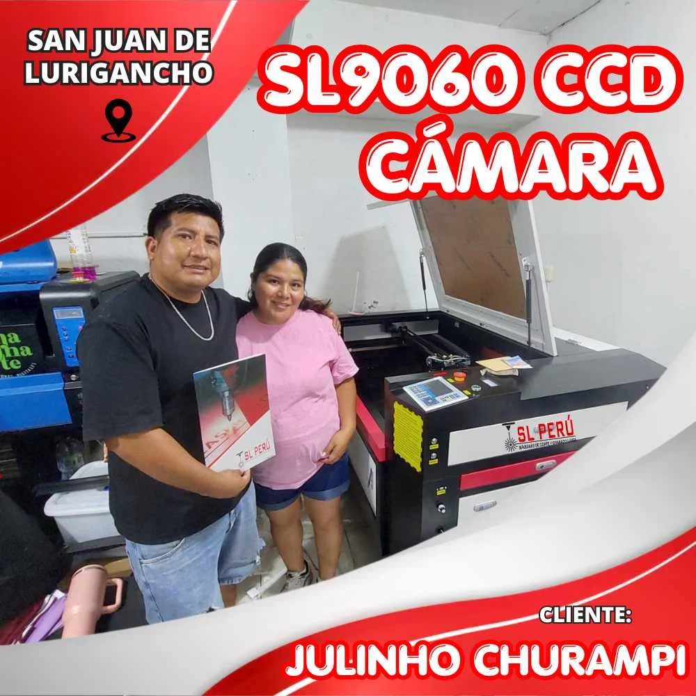 Cliente Julinho Churampi con máquina de corte láser SL9060 CCD de SL Perú en SJL