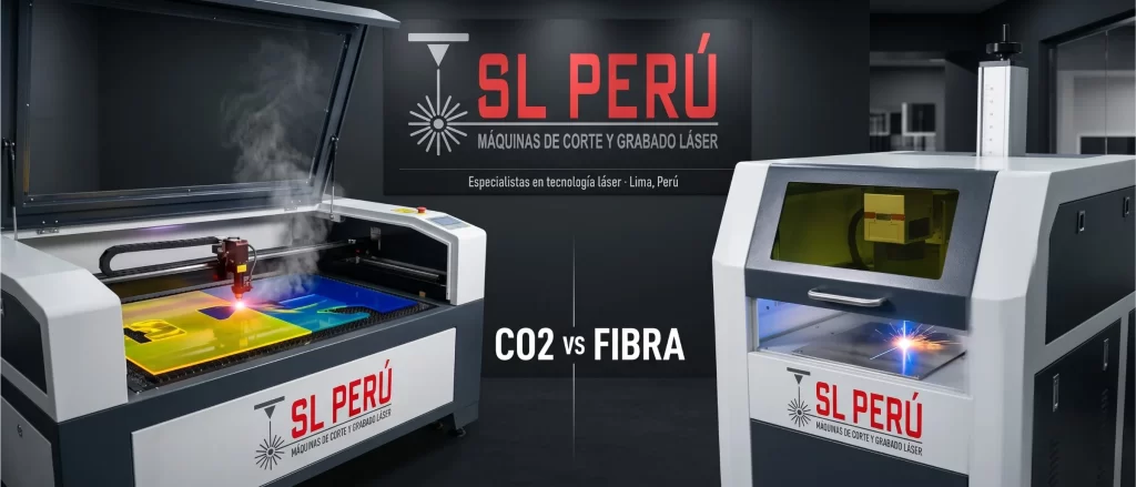 Fotografía comercial y comparativa de dos máquinas industriales de SL Perú en un showroom oscuro. A la izquierda, una máquina láser CO2 de cama abierta corta una plancha acrílica de colores con un leve destello. A la derecha, una máquina de fibra óptica de formato cerrado graba una placa de acero con chispas brillantes. En el centro destaca el texto "CO2 vs FIBRA".