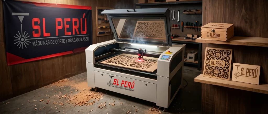 Fotografía comercial de una máquina láser CO2 de SL Perú realizando un calado ornamental intrincado en un panel de madera MDF dentro de un taller de carpintería. A la izquierda se observa un gran banner de la marca y a la derecha una repisa de madera con productos terminados y grabados con el logo oficial como cajas personalizadas y letreros.