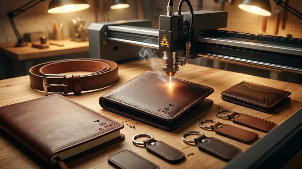 Fotografía comercial de un cabezal de máquina láser grabando un diseño detallado en el centro de una billetera de cuero marrón oscuro. La luz cálida del taller resalta el humo sutil y el grabado nítido. Alrededor se muestran muestras de correas, libretas y llaveros de cuero con grabados personalizados con el logo de SL Perú.