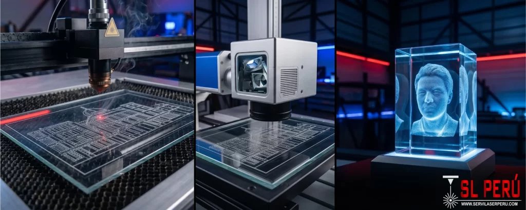 "Fotografía industrial dividida en tres paneles que muestra tecnologías de grabado láser sobre vidrio en un taller de SL Tecnología Perú. El panel izquierdo muestra una máquina láser de CO2 de cama plana grabando un diseño arquitectónico detallado en una placa de vidrio sobre una mesa de panal, con un haz de luz roja y humo fino. El panel central presenta un cabezal láser Galvo UV de alta velocidad con espejos visibles, realizando un grabado fino en otra placa plana. El panel derecho muestra un bloque de cristal K9 con un retrato 3D flotando en su interior, iluminado desde la base con luz LED azul. En la esquina inferior derecha se aprecia el logotipo oficial de SL Perú."