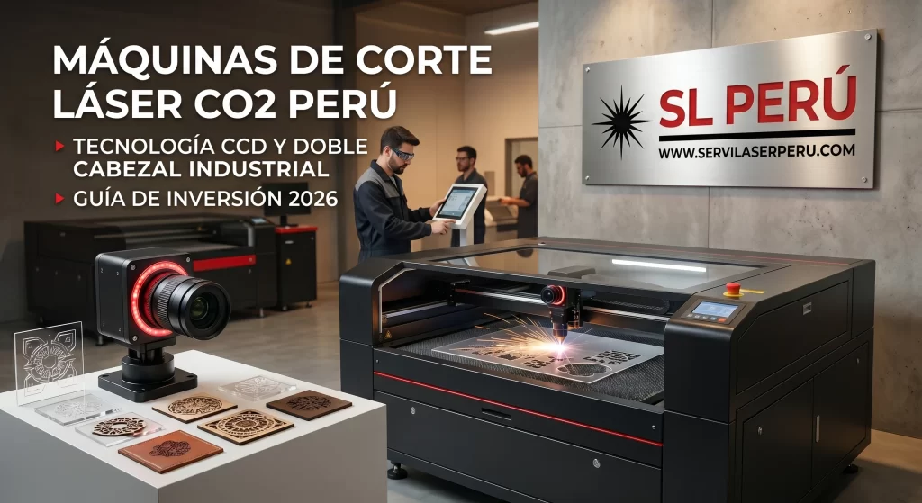 Máquina láser CO2 industrial con tecnología CCD y doble cabezal industrial. Guía de compra 2026 para el mercado peruano.