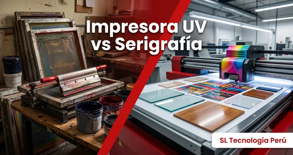 Comparativa visual entre serigrafía tradicional en un taller oscuro (izquierda) e impresora UV de cama plana de SL Tecnología Perú imprimiendo sobre vidrio, madera y acrílico (derecha), divididos por una línea diagonal roja con el título "Impresora UV vs Serigrafía"