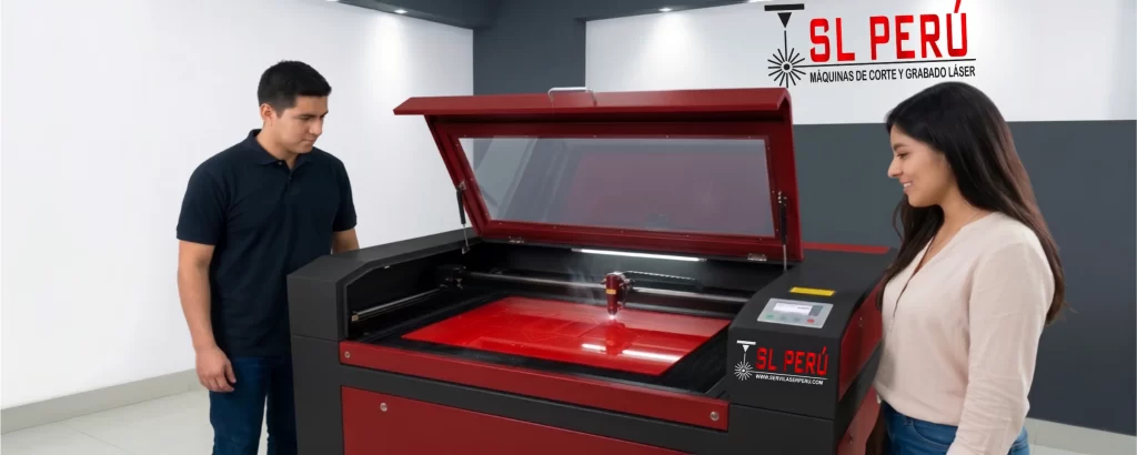 Fotografía comercial de una máquina de corte láser CO2 de SL Perú con cuerpo negro y franjas rojas, equipada con un panel de control Ruida de última generación. Un técnico con polo negro de la marca y una cliente observan con interés el corte preciso y limpio de una plancha de acrílico rojo, en un entorno de showroom moderno sin humo visible.