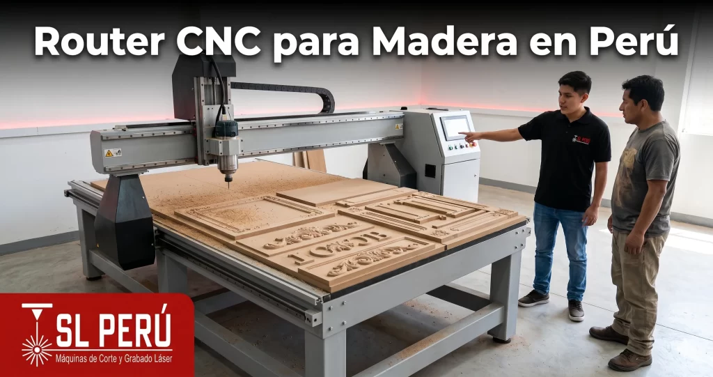 Fotografía corporativa de un técnico peruano con polo negro de SL Perú mostrando el panel de control de un gran router CNC industrial de pie a un cliente. Sobre la mesa de corte del equipo se aprecian paneles de MDF con detallados tallados en relieve, letras caladas y viruta de madera fresca en un taller moderno.